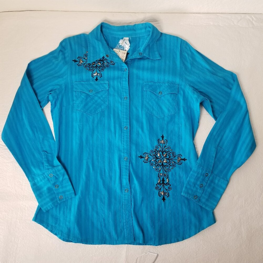Roper Womens M Blue Cotton Embroidered Sequin Cross Snap Up Long Sleeve Shirt